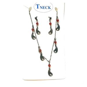 Necklace and Earrings Set Black Red New